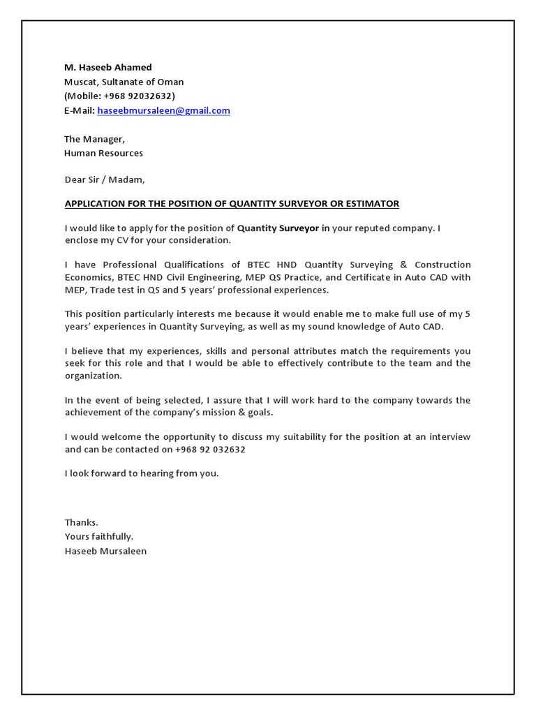 CV of Haseeb (Quantity Surveyor or Estimator) PDF Surveying