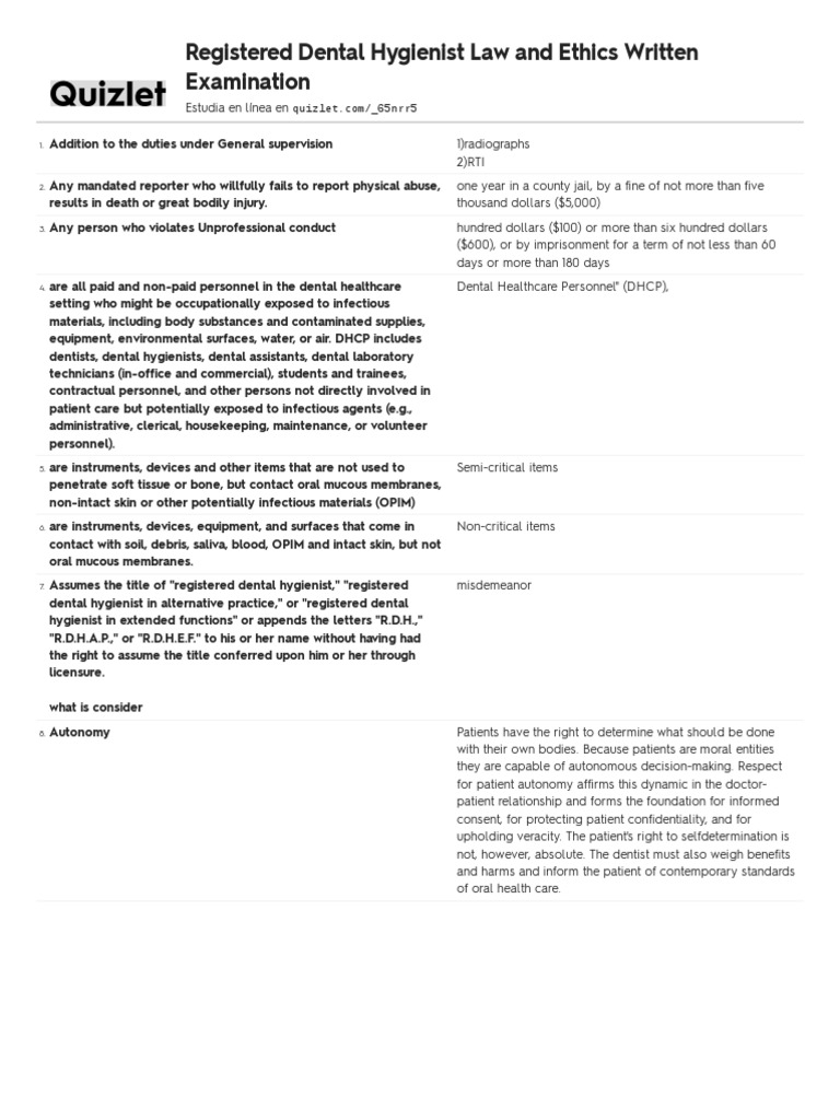 Registered Dental Hygienist Law and Ethics Written Examination PDF