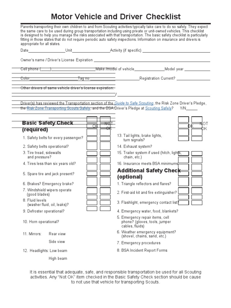 Motor Vehicle and Driver Checklist: Basic Safety Check (Required) | PDF ...