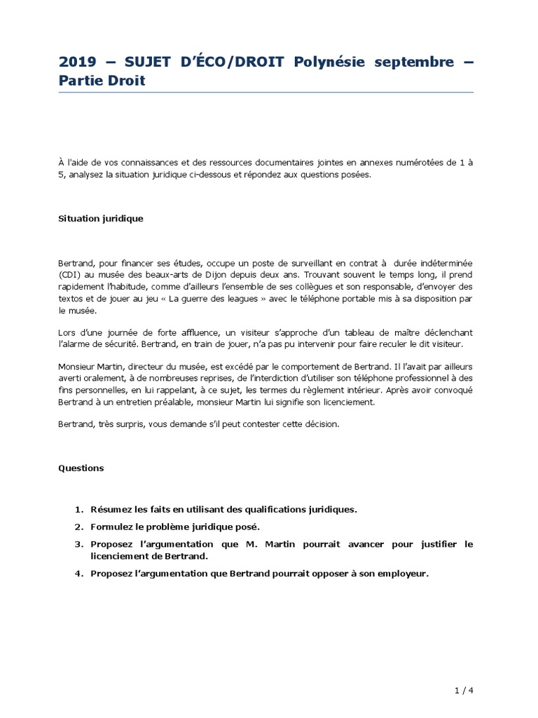 Sujet Eco Droit Stmg 2021 + Corrige STMG Droit 2019 Polynesie Septembre Sujet | PDF | Statuts | Travail