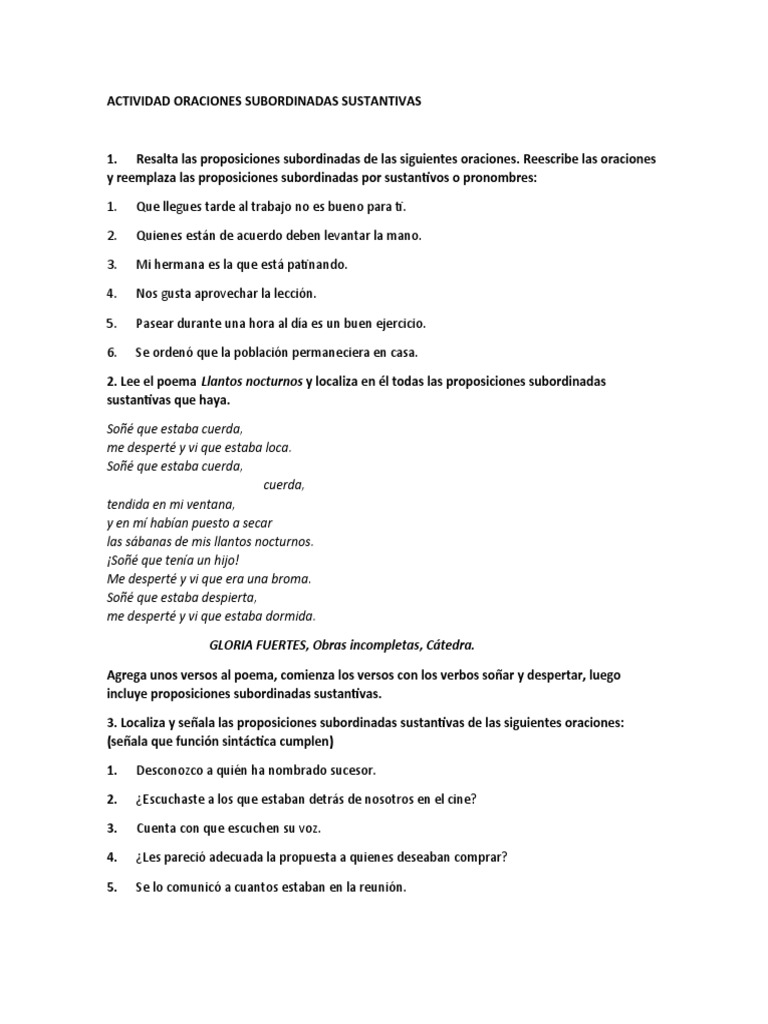 Ejercicios De Oraciones Subordinadas PDF