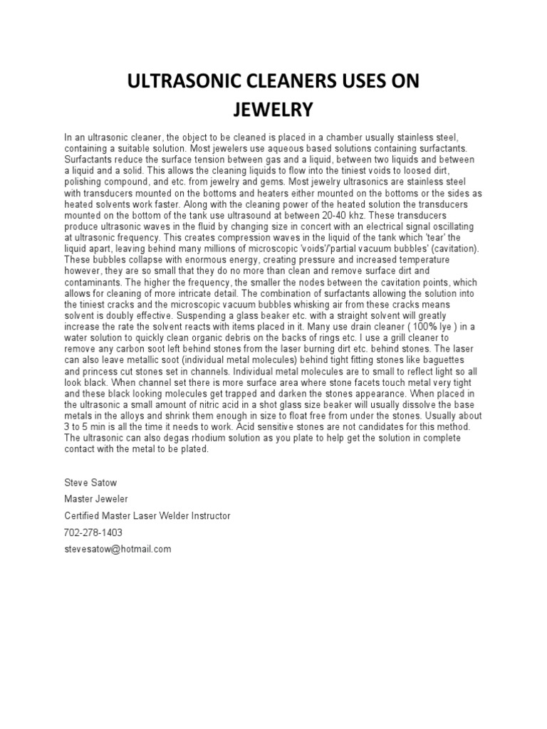 Ultrasonic Cleaners Uses On Jewelry PDF Ultrasound Applied And