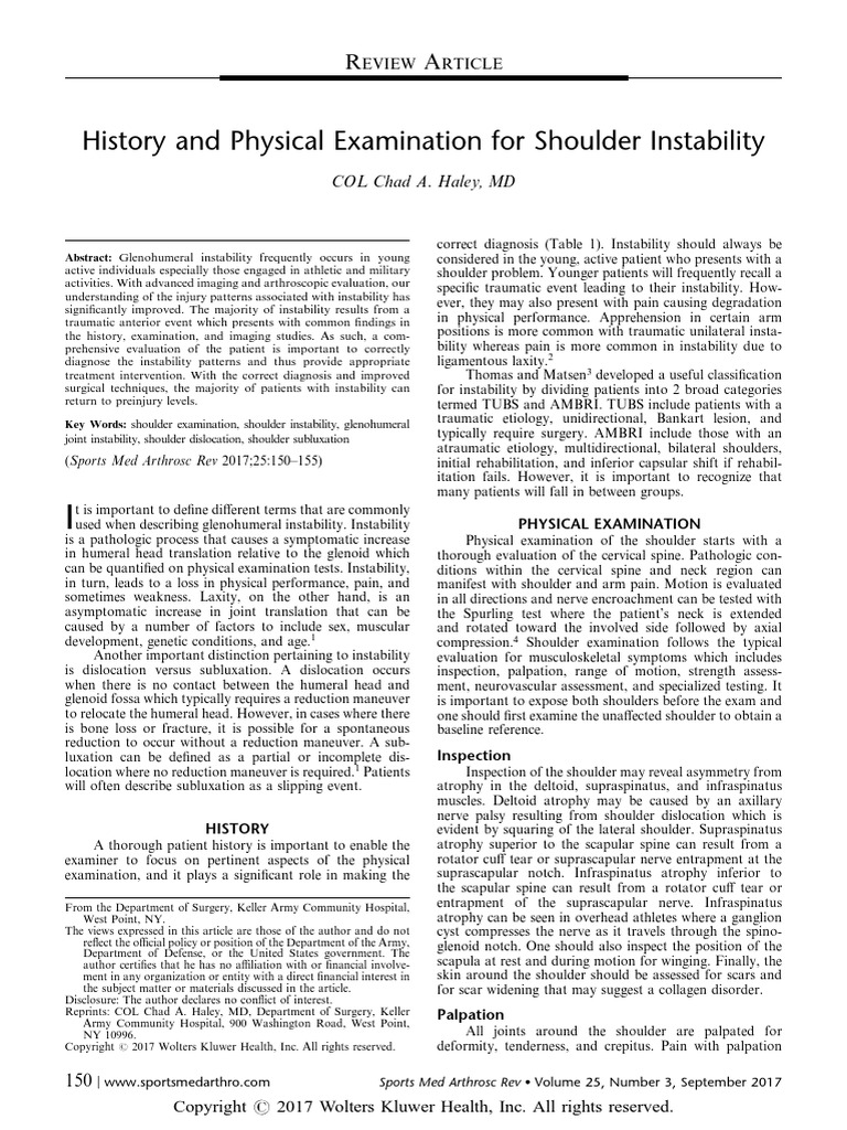 History and Physical Examination For Shoulder Instability | PDF ...