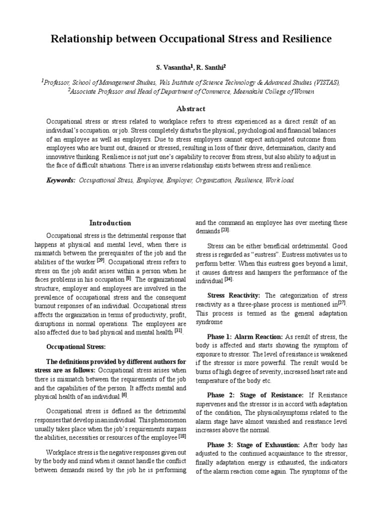 Relationship Between Occupational Stress and Resilience | PDF ...