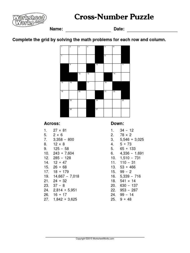 WorksheetWorks CrossNumber Puzzle 4 PDF Puzzles Games Of