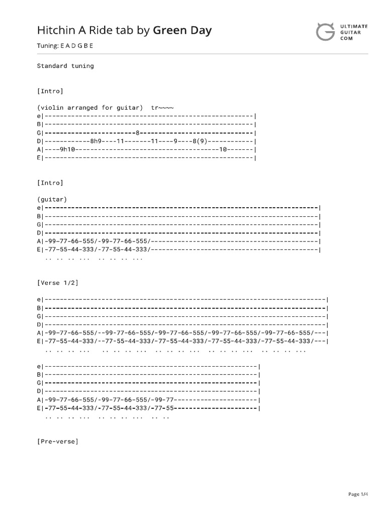 Hitchin A Ride Tab (Ver 4) by Green Daytabs at Ultimate Guitar Archive