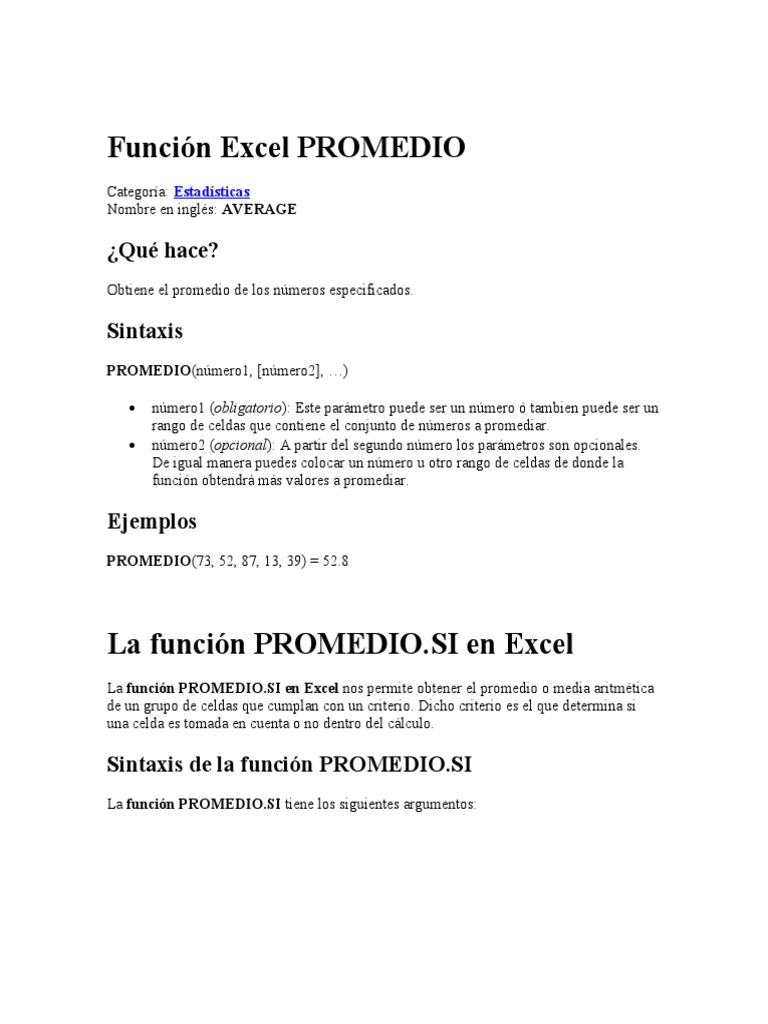 Función PROMEDIO y PROMEDIO.SI en Excel | PDF