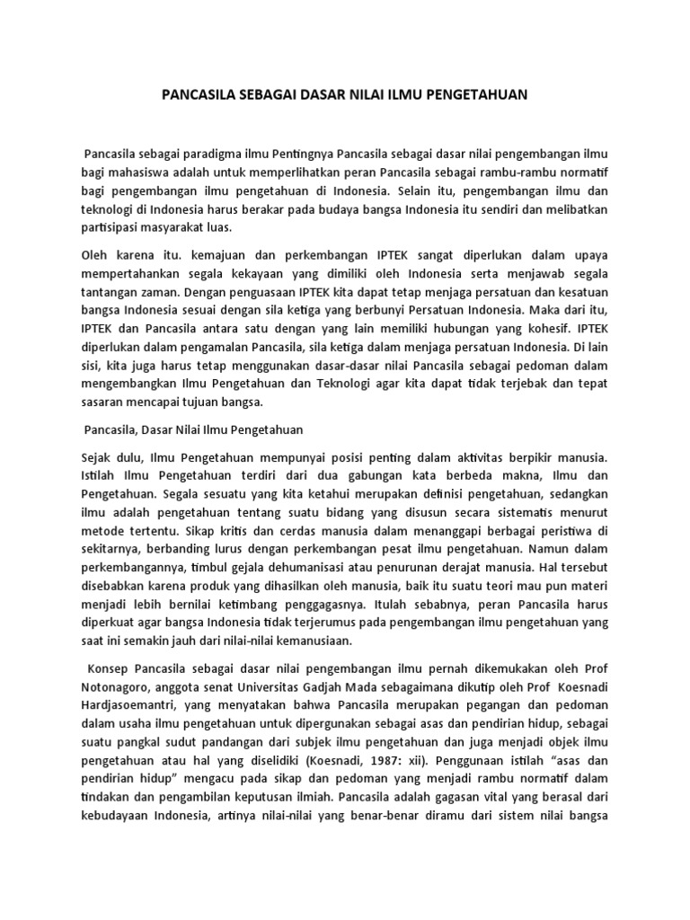 Pancasila Sebagai Dasar Nilai Ilmu Pengetahuan | PDF | Ilmu Sosial ...