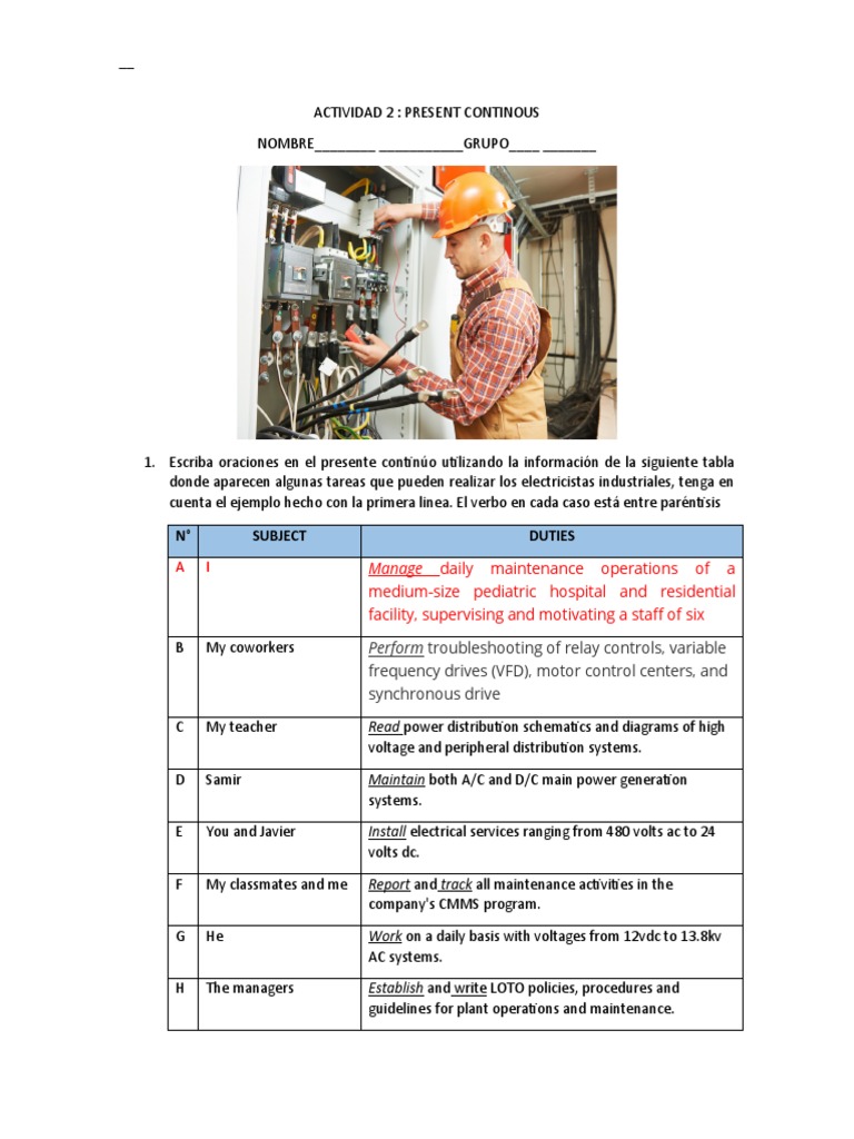Present Continuous Activities for Electricians | PDF | Electrician ...