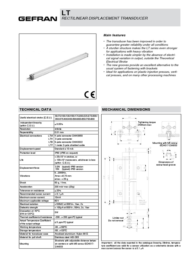 Rectilinear Displacement Transducer Technical Data Mechanical