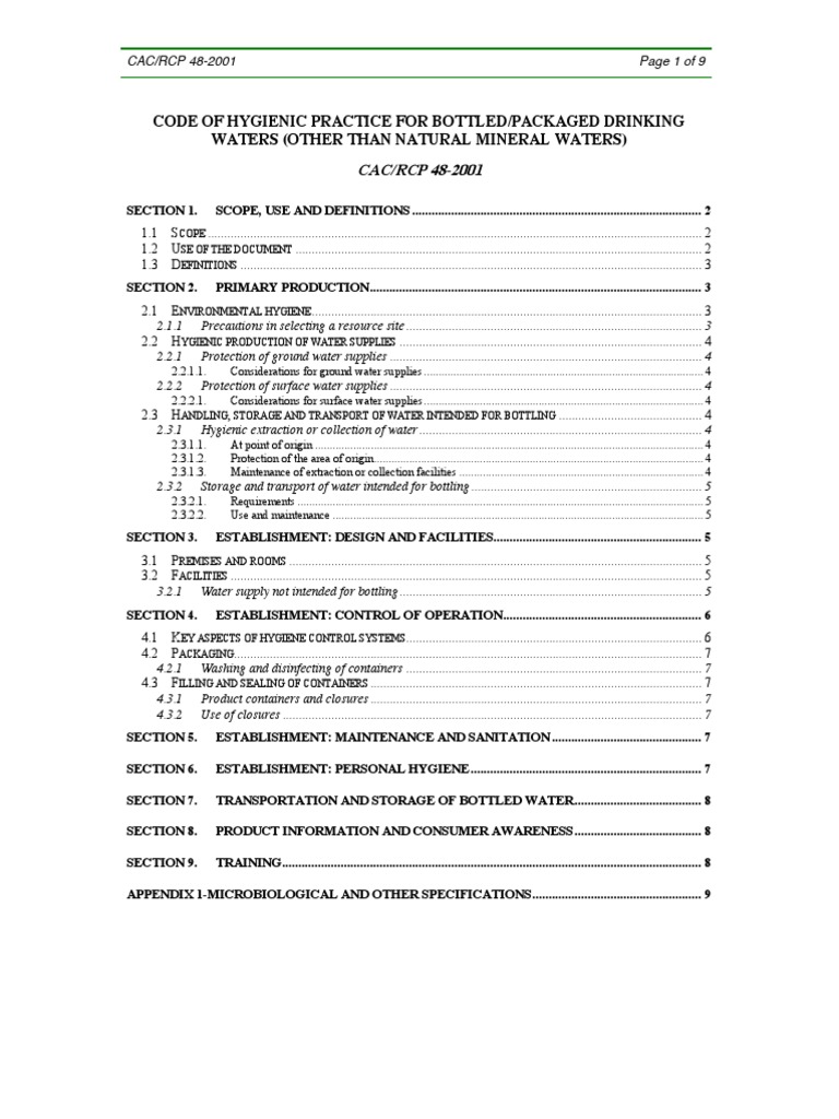 Code of Hygienic Practice For Bottled/Packaged Drinking Waters (Other