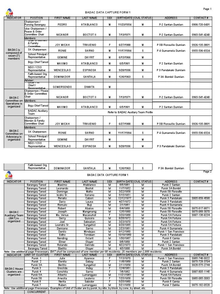BADAC Data Capture Form Overview | PDF | Medicine