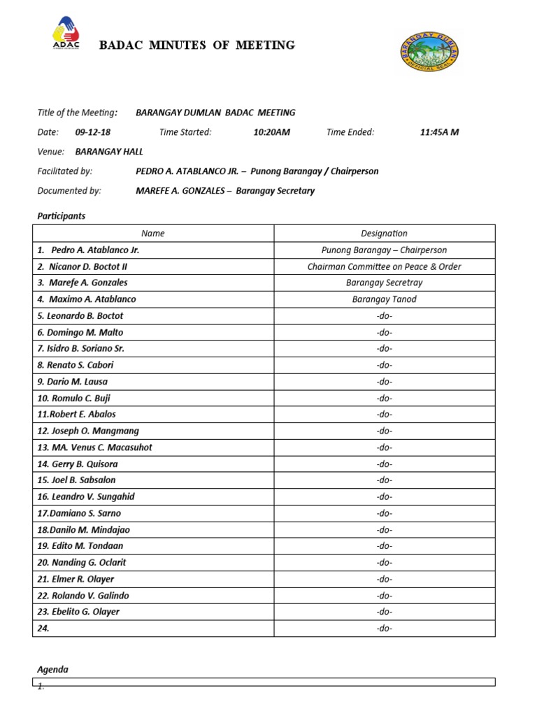 Barangay Dumlan Badac Meeting Minutes Pdf