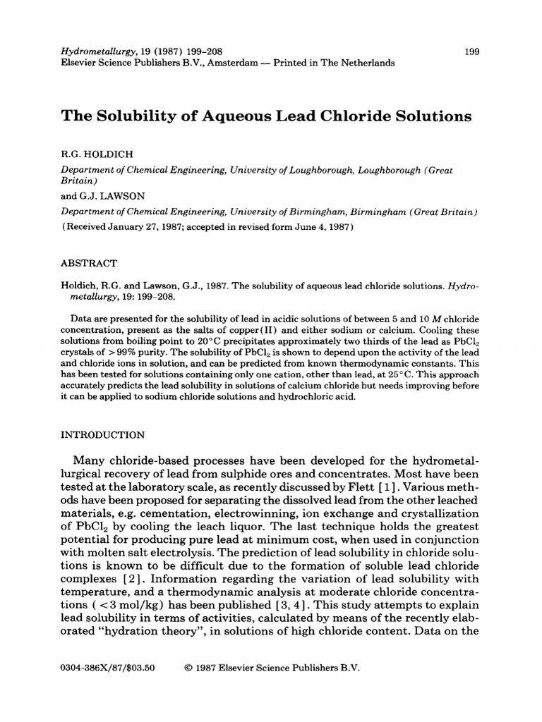 The Solubility of Aqueous Lead Chloride Solutions PDF Sodium