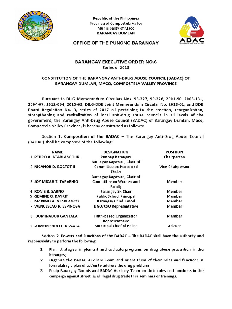 BADAC Template Executive Order PDF Drug Rehabilitation Justice