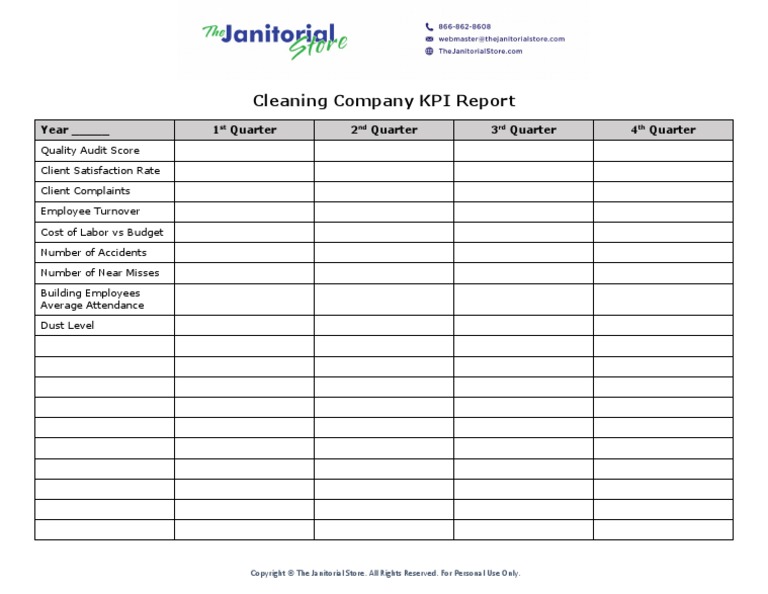 Cleaning Company KPI Report: Year - 1 Quarter 2 Quarter 3 Quarter 4 ...