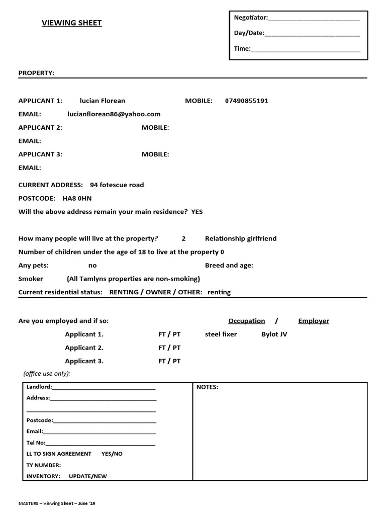 Viewing Sheet 2021 | PDF | Landlord | Renting