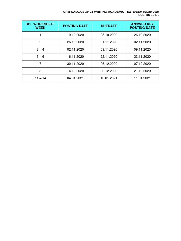 SCL Worksheet Week Posting Date Duedate Answer Key Posting Date | PDF ...