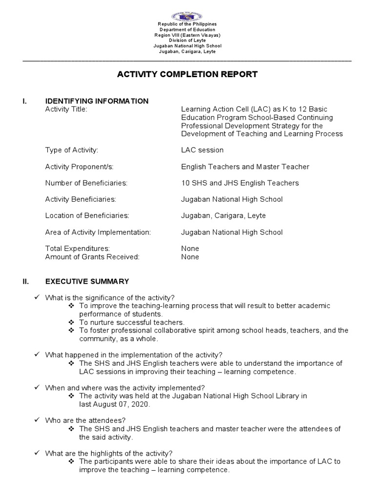 Activity Completion Report: I. Identifying Information | PDF ...