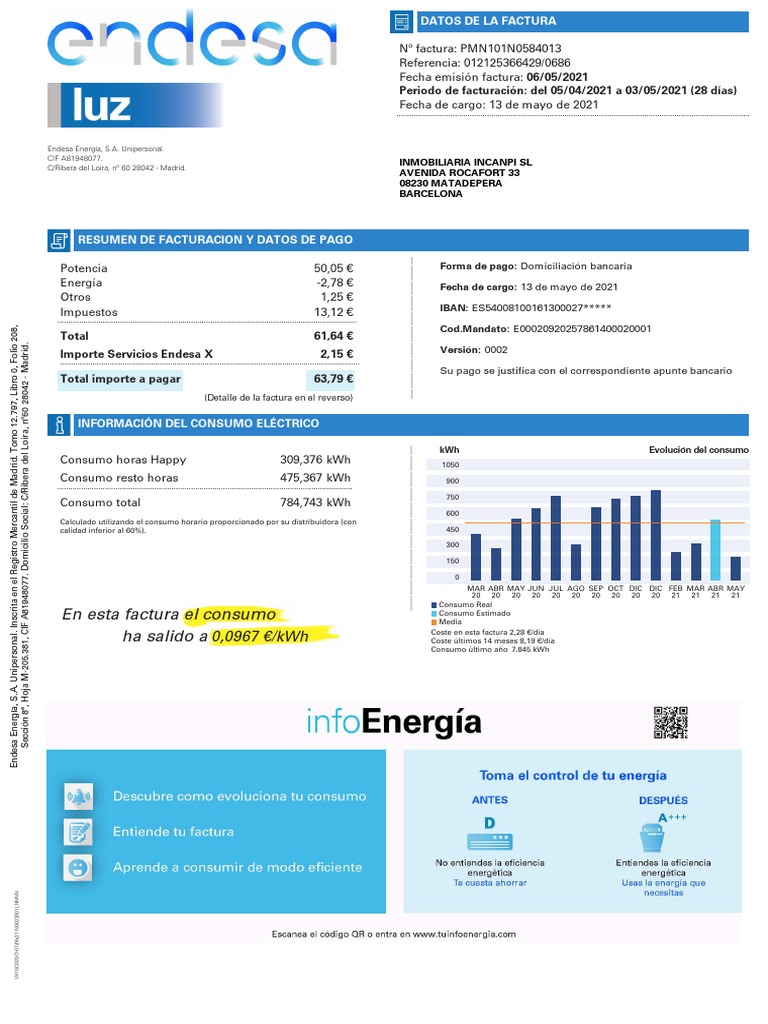 Factura Eléctrica Endesa Mayo 2021 | PDF | Cantidades fisicas | Poder ...