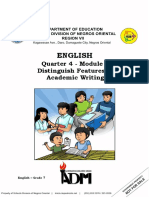 English: Quarter 4 - Module 1 Distinguish Features of Academic Writing