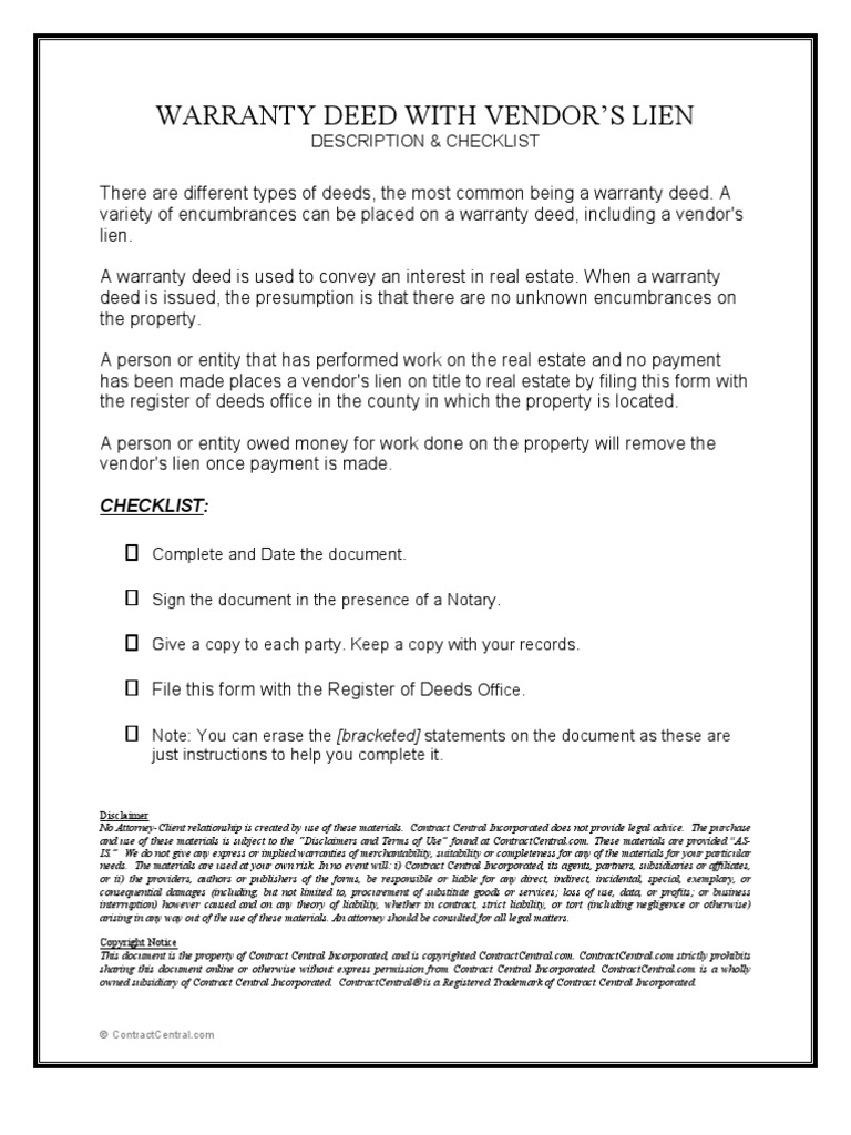 Warranty Deed With Vendor'S Lien Download Free PDF Deed Conveyancing