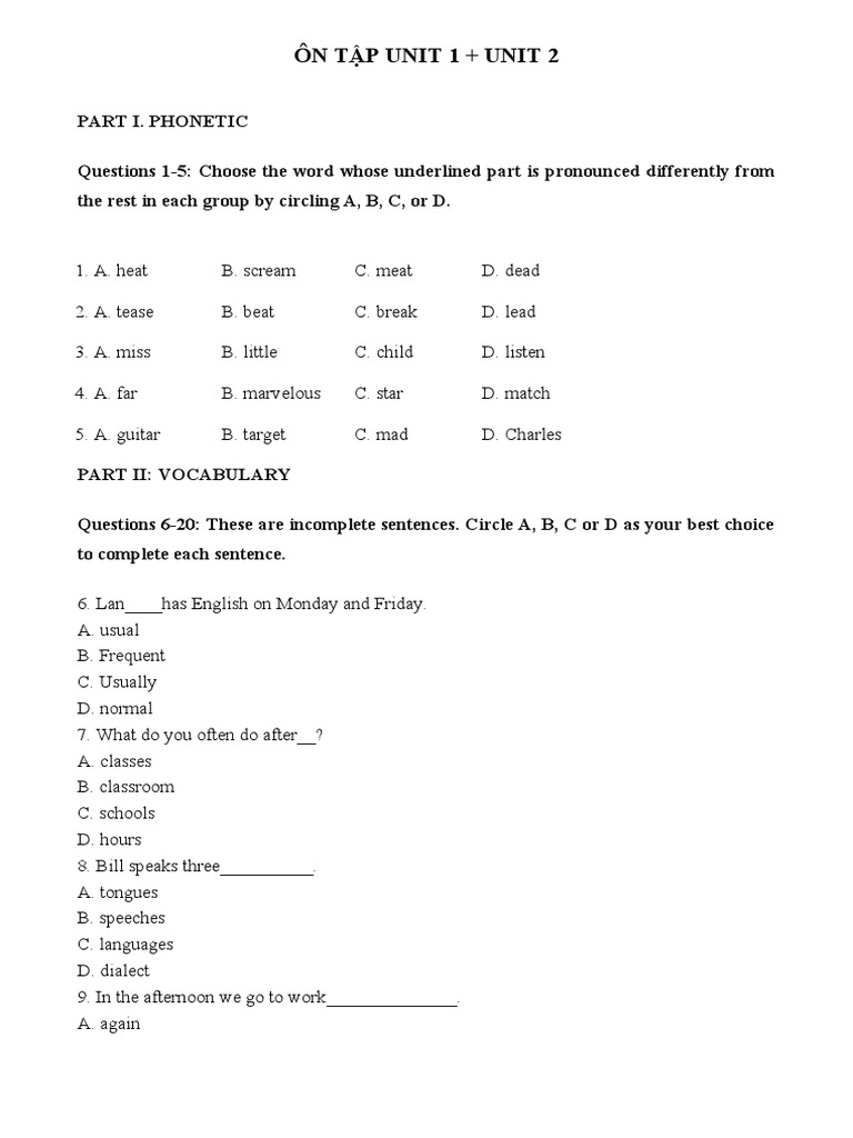 Bai On Tap Tieng Anh Lop 10 Unit 1 2 Co Dap An | PDF | Workweek And ...