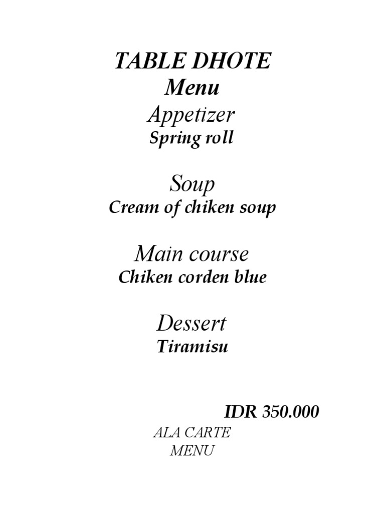 Table Dhote Menu Appetizer Soup Main Course Dessert PDF