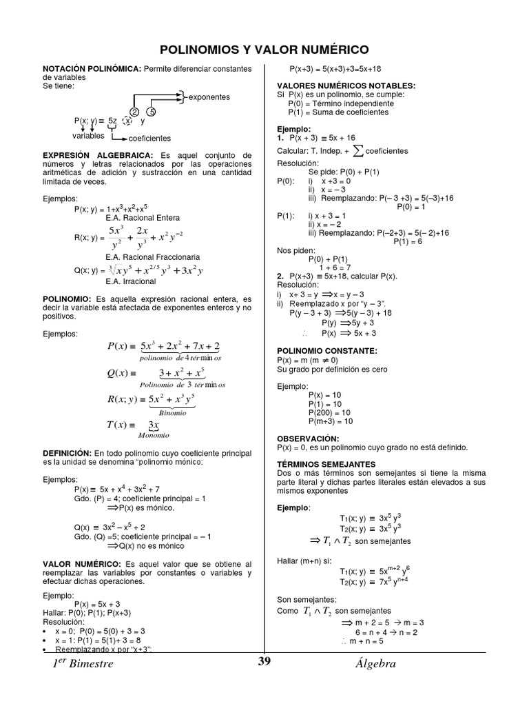 Polinomios y Valor Numérico | PDF | Análisis matemático | Álgebra abstracta