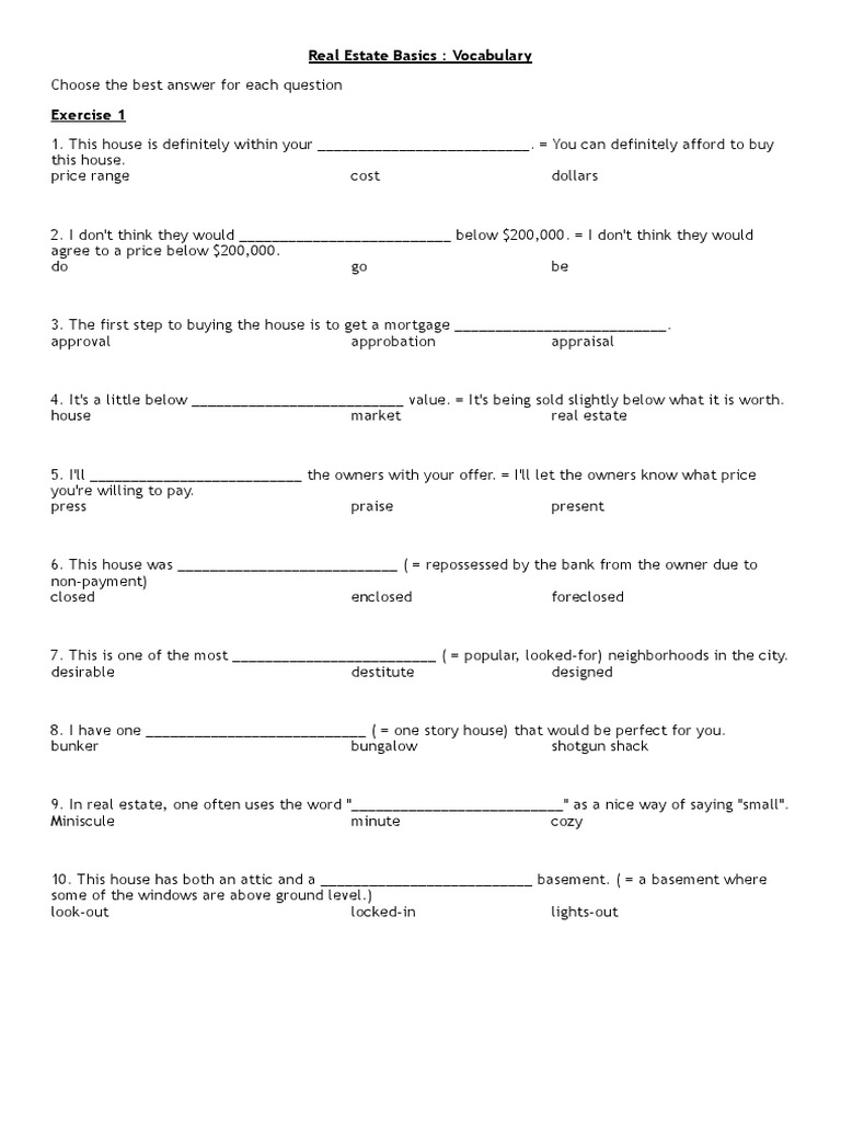 Real Estate Basics Vocabulary PDF Basement Mortgage Loan