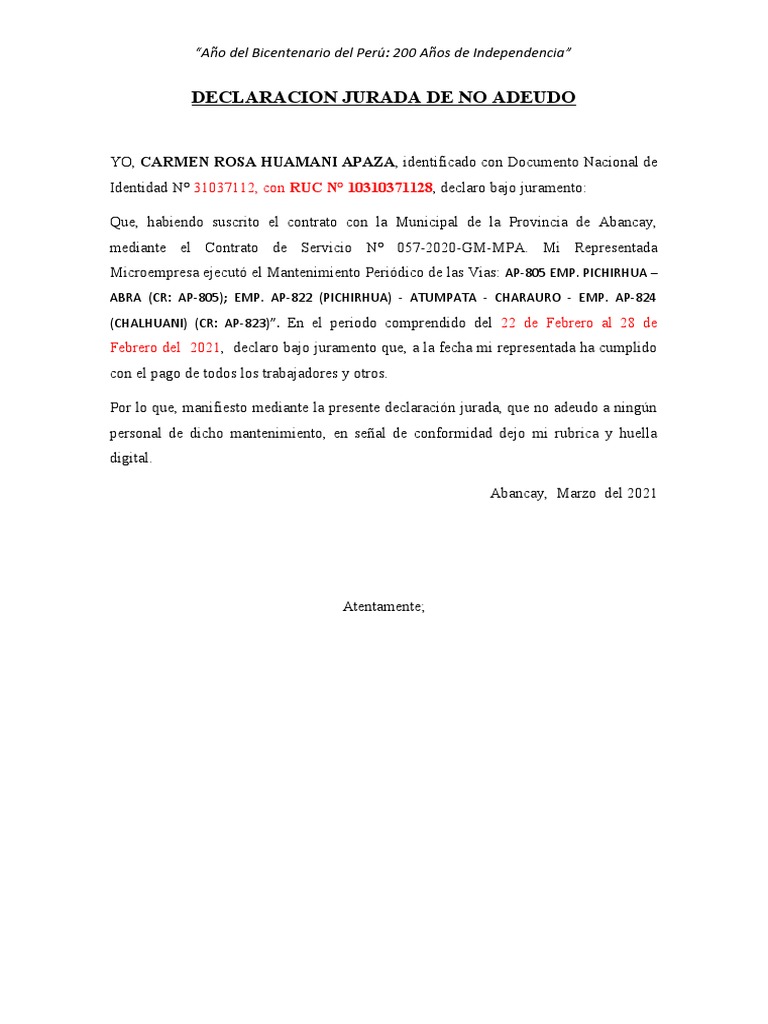 Declaracion Jurada de No Adeudo | PDF