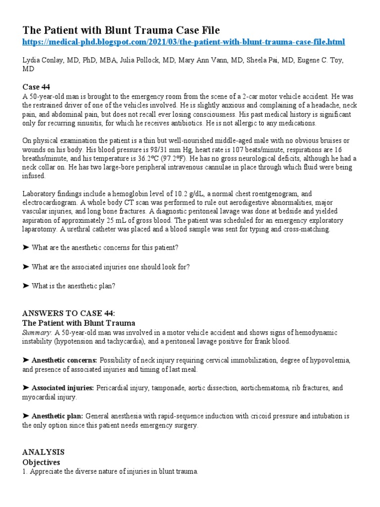 Blunt Trauma Case: Anesthetic Considerations | PDF | Anesthesia ...