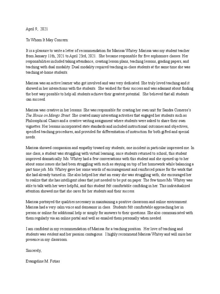 Letter of Recommendation-Fotias | PDF | Lesson Plan | Behavior Modification