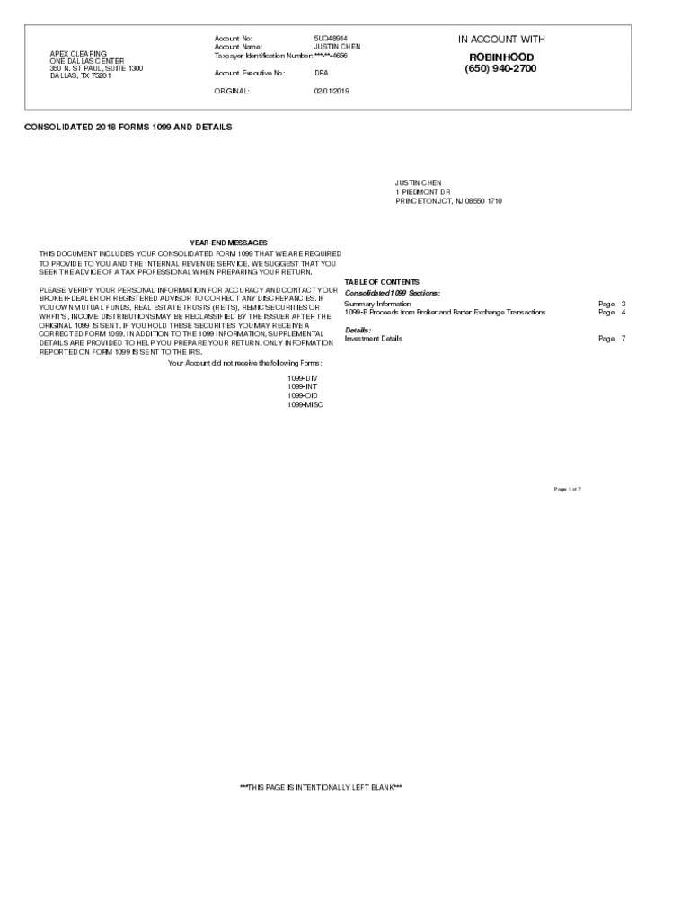 Consolidated 2018 Forms 1099 and Details Robinhood (650) 9402700 PDF Withholding Tax