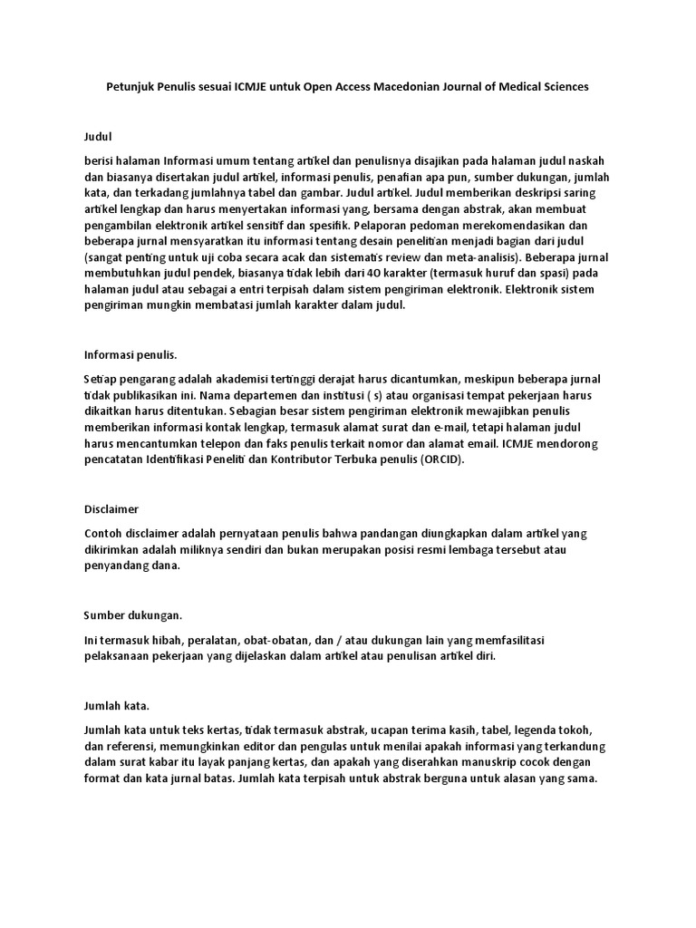 Petunjuk Penulis Sesuai ICMJE Untuk Open Access Macedonian Journal of Medical Sciences PDF