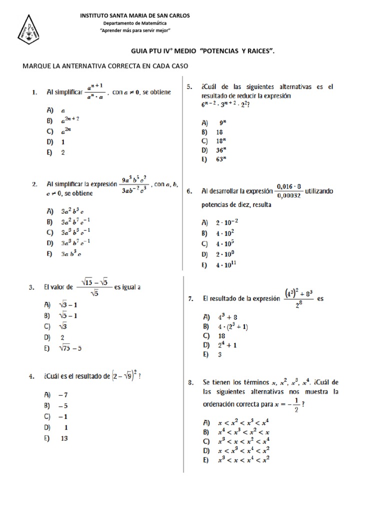 Guía Ptu Iv Medio Potencias Y Raíces Pdf