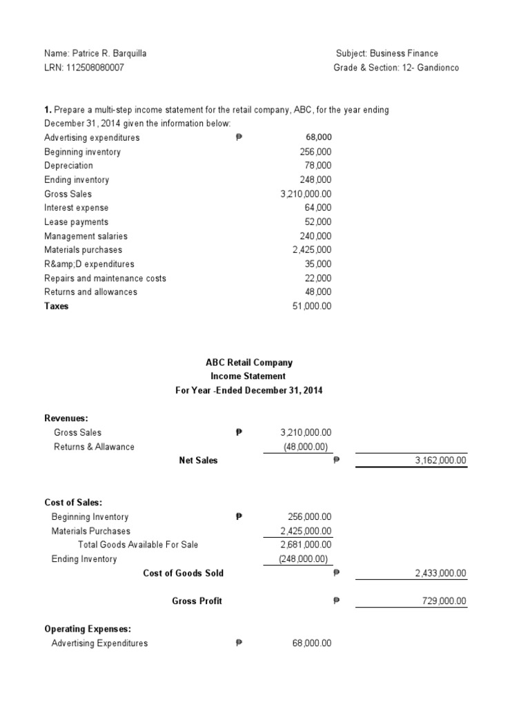 ABC Retail Company Income Statement Analysis | PDF | Income Statement ...