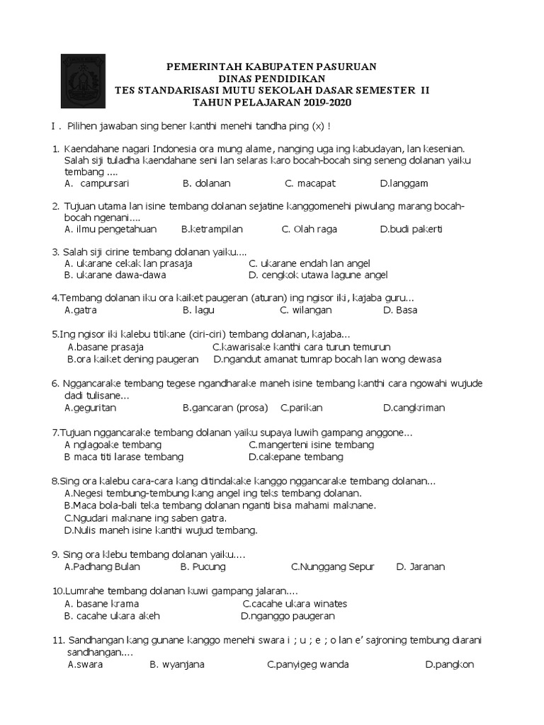 Soal Kls 4 Soal Pas Ii B Jawa Kl Iv Pdf