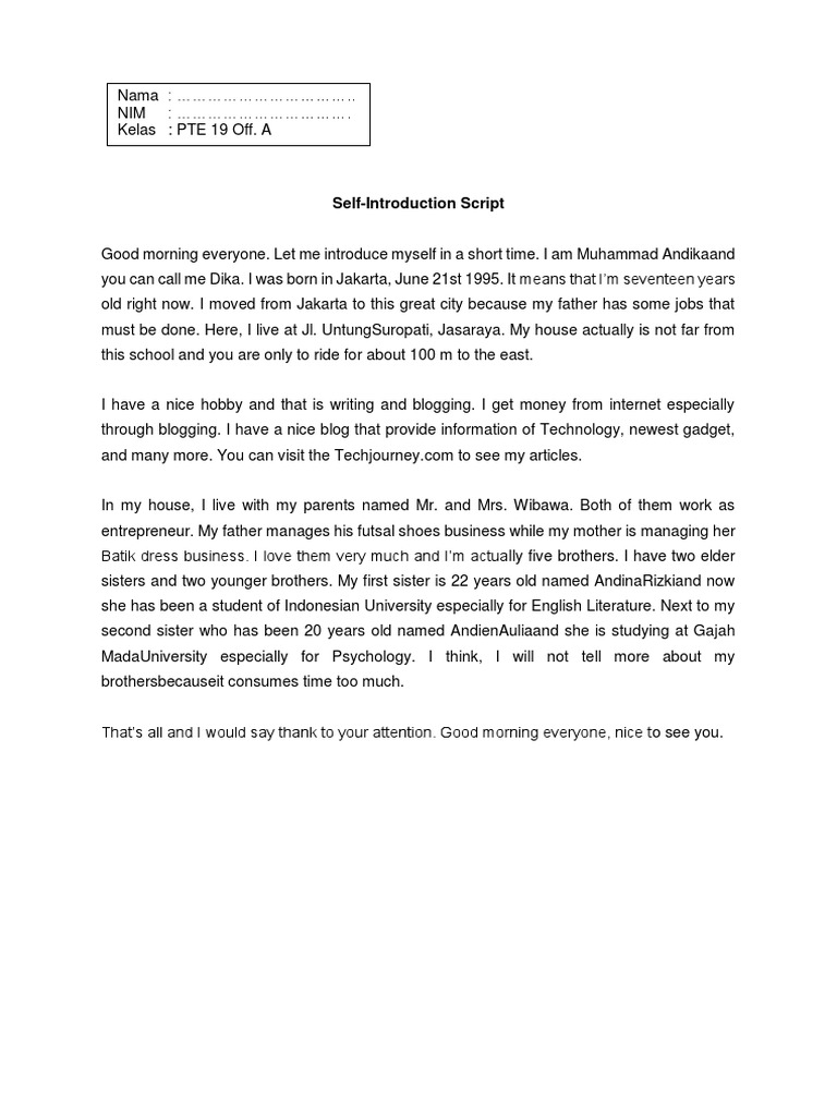Contoh Self Introduction Script | PDF