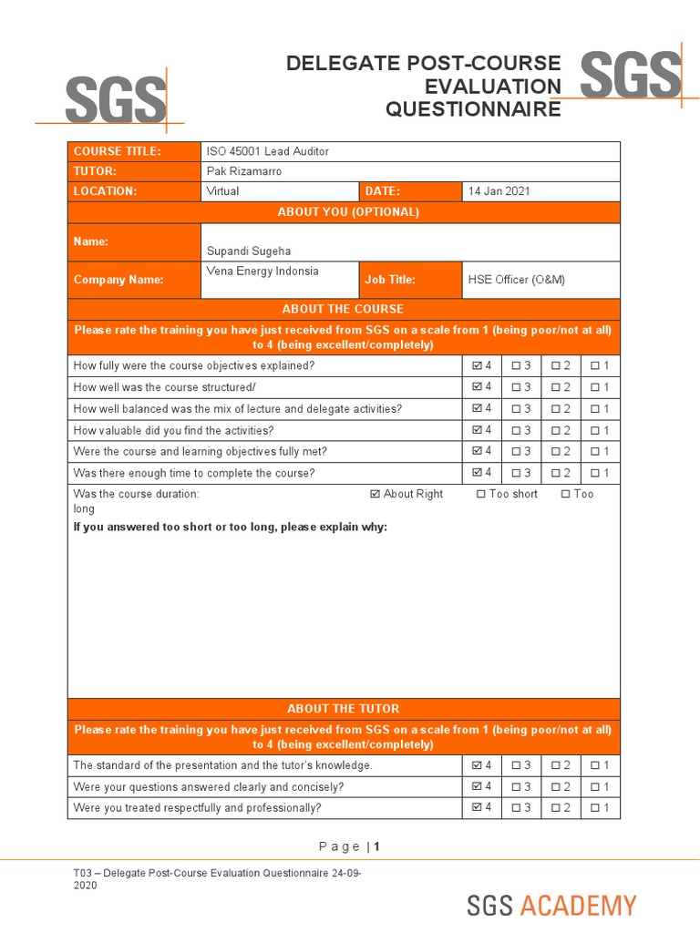 T03 - Delegate Post-Course Evaluation Questionnaire - Sept 2020 | PDF ...