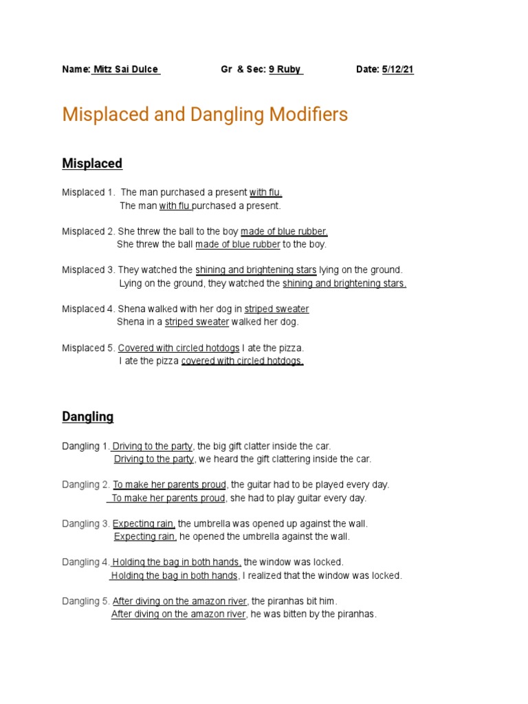 Misplaced and Dangling Modifiers Guide | PDF | Mystery, Thriller ...