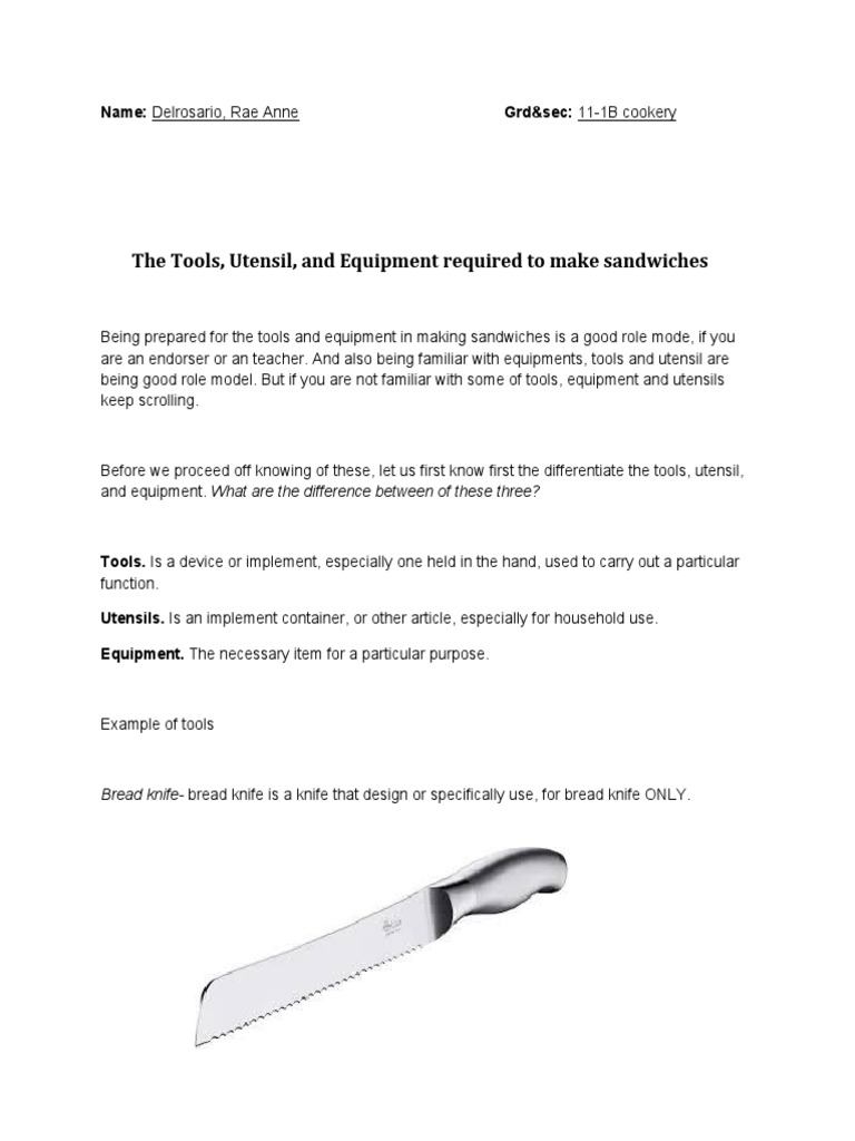 The Tools, Utensil, and Equipment Required To Make Sandwiches PDF Sandwich Breads