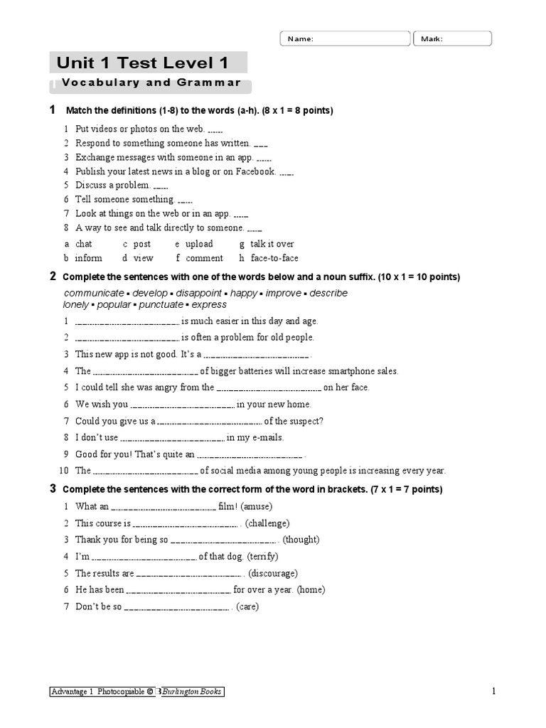 Unit 1 Test Level 1: Vocabulary and Grammar | PDF | Syntax | Communication