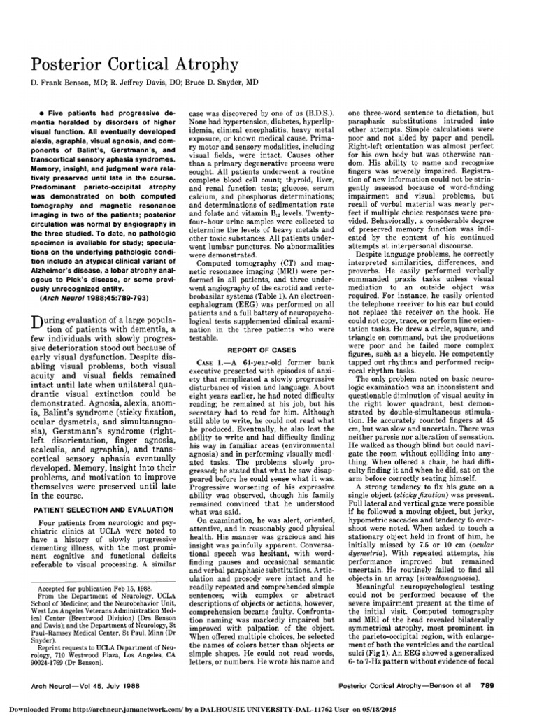 Benson, D. Et Al. (1988) Posterior Cortical Atrophy | PDF | Cerebral ...