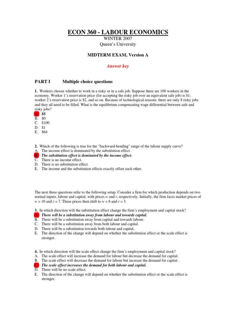 Econ 360 Labour Economics Midterm Exam Version A Pdf Labour