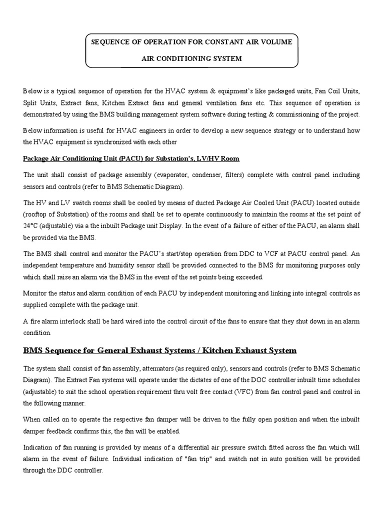 BMS Sequence of Operation SOO For HVAC System PDF Air Conditioning