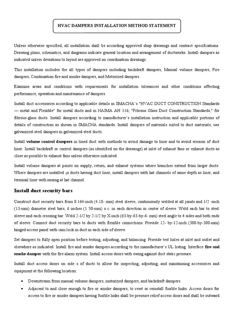 HVAC Dampers Installation Method Statement PDF Duct (Flow) Door
