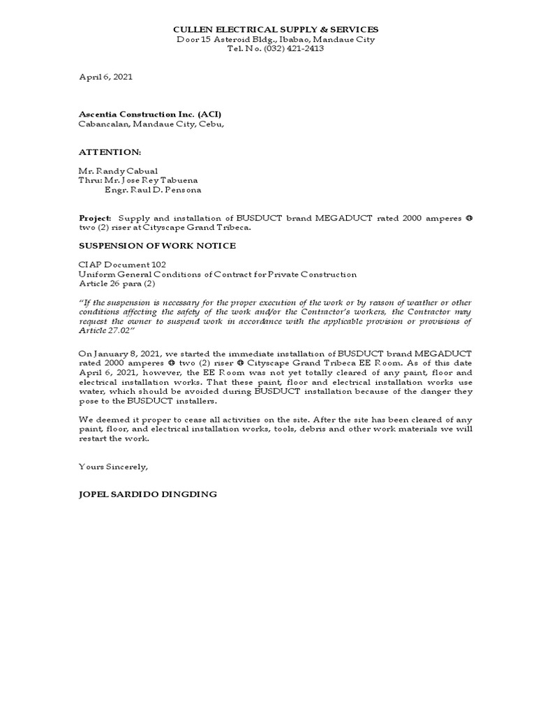 Suspension of Work Notice Cullen Electrical PDF