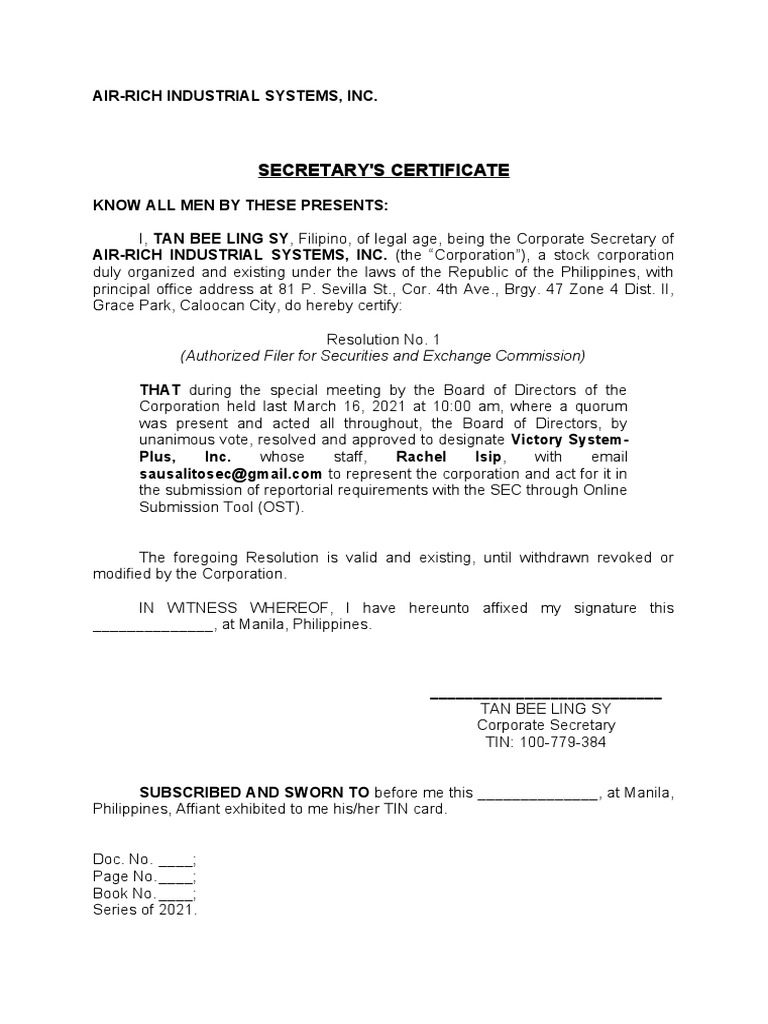 Secretary's Certificate for SEC Filer | PDF | Business | Law