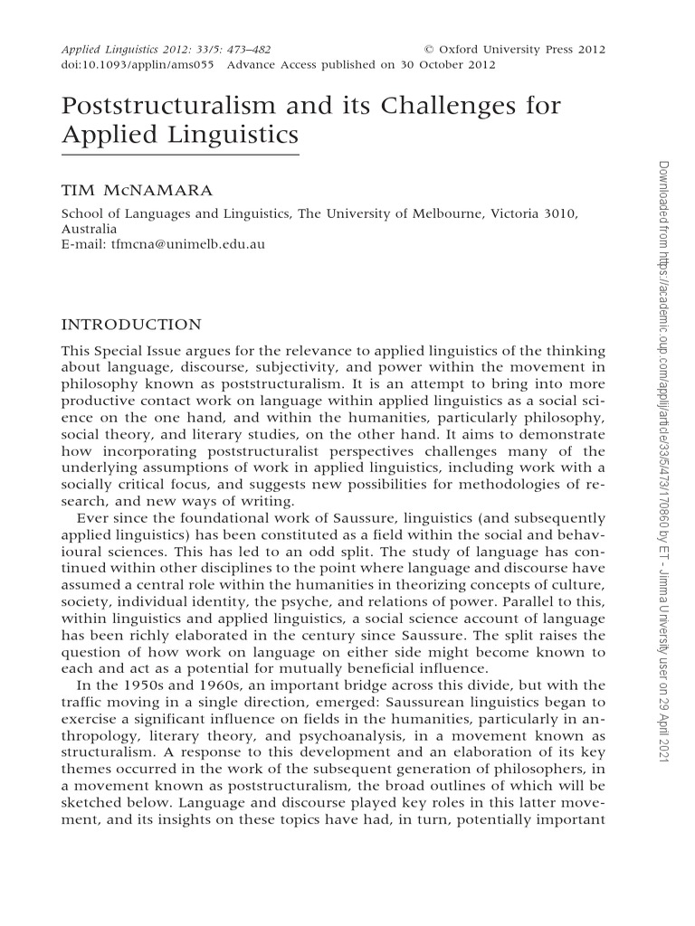 Poststructuralism and Its Challenges For Applied Linguistics PDF Jacques Derrida Discourse